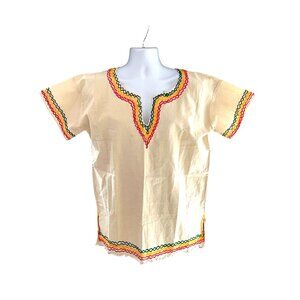 CCC Vintage Ethnic Unisex Top With Colorful Embroidery V Neck Beige Colorful Tri